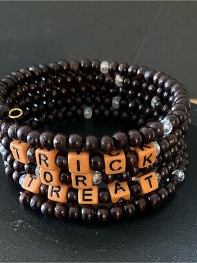 Hand Crafted Trick or Treat Halloween Wrap Bracelet Brown Orange Gold Crystal